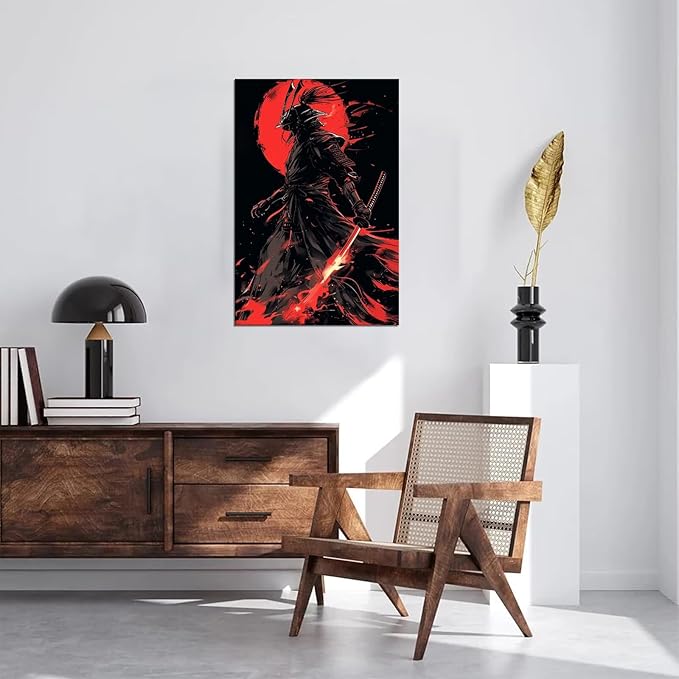 Black and Red Japanese Samurai Wall Art Bushido Pictures Wall Decor Canvas Prints Armored Samurai Painting Poster Artwork Modern Home Decor Framed for Bedroom Living Room Office (18''W x 24''H)