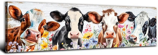 Country Cow Canvas Wall Art Kitchen Wall Decor Vintage Funny Cattle Flowers Picture Prints Rustic Farmhouse Painting Framed Colorful Wildflower Poster for Living Room Bedroom Decorations 14x48"