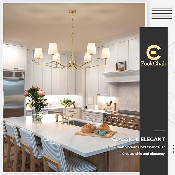 6 Light Brass Gold Chandelier with White Fabric Shade 44'' Linen Dining Room Chandeliers Over Table Kitchen Chandeliers Light Fixture for Living Room Bedroom Entryway Home Office