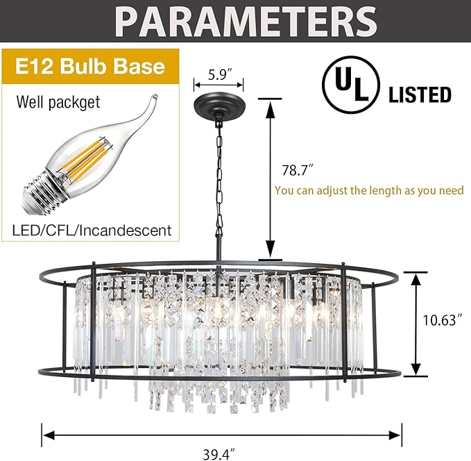 Modern Black Crystal Chandelier, Round Industrial Farmhouse Pendant Light Fixture for Dining Room, Kitchen Island, Living Room, Bedroom, Entryway Lighting