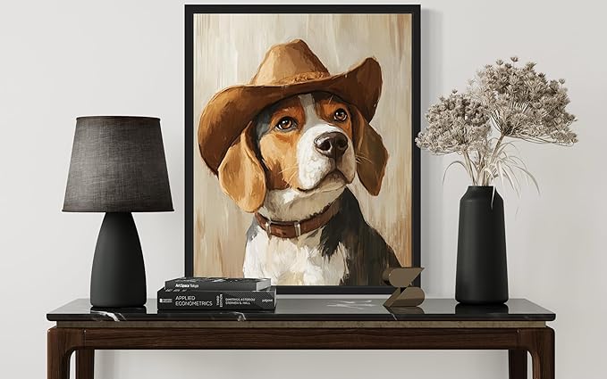 Beagle Cowboy Art Print Poster Wall Art, Western Country Farmhouse Wild West for Bedroom, Bathroom, Living Room Art Decor 58 (Beagle, 16 x 20 inches, Black Frame)
