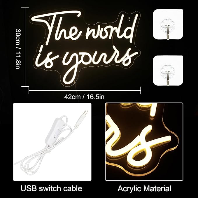 Lucunstar The World Is Yours Neon Signs Valentine Neon Sign Warm White Led Neon Light for Wall Decor Light Up Sign for Wedding USB Powered Led Neon Signs for Bedroom Decor Valentines Day Decor