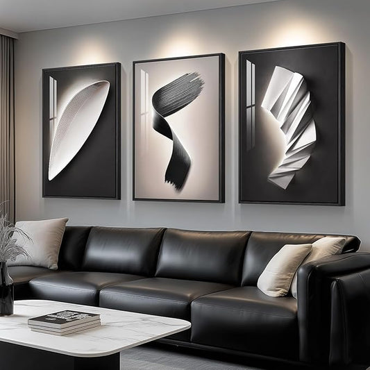 Large Framed Modern Wall Art 3 Piece Set, Black and White Abstract Paintings Artwork, Contemporary Trendy Geometric Luxury Bright Style Pictures Prints for Living Room Hallway and Office 24x36 Inch