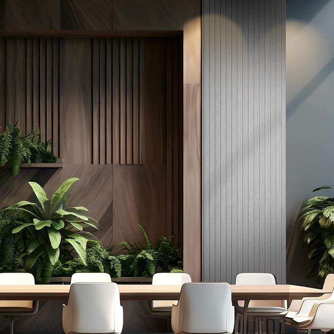 OUZUGIE WPC Acoustic Slat Wall Paneling, 8-Pack 114 x 6 Inches 3D Wall Panels for Interior Wall Decor,Living Room,TV Background,Study Room,Office Spaces,Bedroom,Low Grille (Grey)