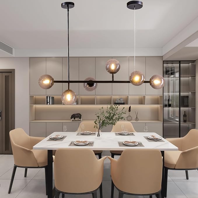 6 Lights Mid Century Modern Globe Chandelier, Black Linear Sputnik Chandelier with Glass Pendant Lights for Dining Room, Kitchen Island, and Living Room (Smoke Gray Glass)