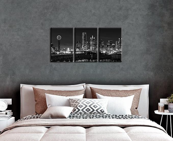 NAN Wind 3 Pcs Black & White Canvas Art - Dallas Skyline Downtown Cityscape Night Scene Picture Prints On Canvas for Home Decor