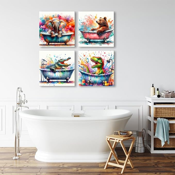 Kids Bathroom Funny Animals Wall Art Watercolor Elephant Dinosaur in Bathtub Pictures Canvas Prints Cute Bear Crocodile Shower Painting Framed Artwork Toddler Nursery Playroom Home Decoration 16x16”4P