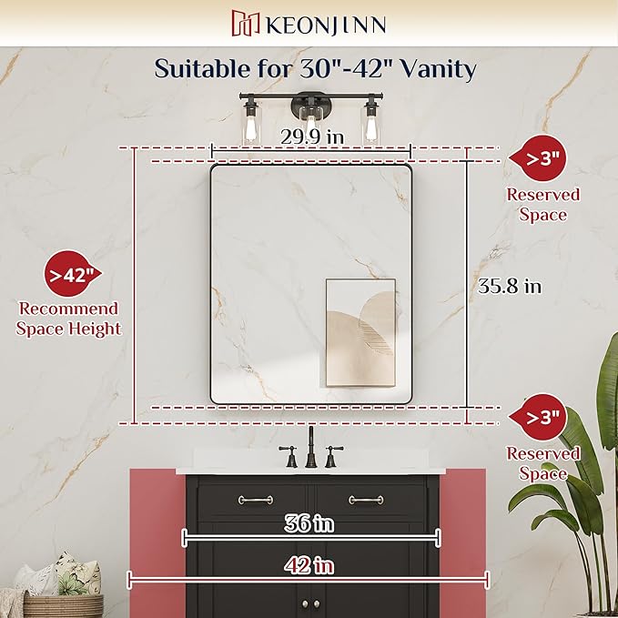 Keonjinn Black Framed Mirrors for Bathroom 30 x 36 Inch Rounded Rectangle Wall Mirror, Matte Black Farmhouse Bathroom Vanity Mirror with Seamless Metal Frame, HD Tempered Glass(Horizontal/Vertical)