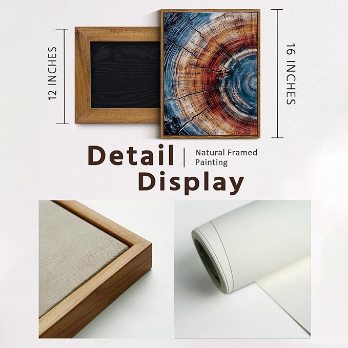 BingruiArt Framed Tree Ring Wall Art Wood Canvas Colorful Boho Wall Decor Rustic Artwork Abstract Painting Farmhouse Picture Nature Print for Living Room Bedroom Bathroom 12"x16" Natural Framed(01)