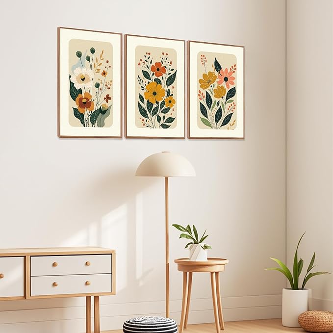 LHIUEM Boho Floral Botanical Framed Canvas Wall Art Set,Abstract Vintage Beige Wall Decor,Minimalist Wildflowers Artwork for Living Room,Bedroom,Dining Room,Office -16"x24"x3