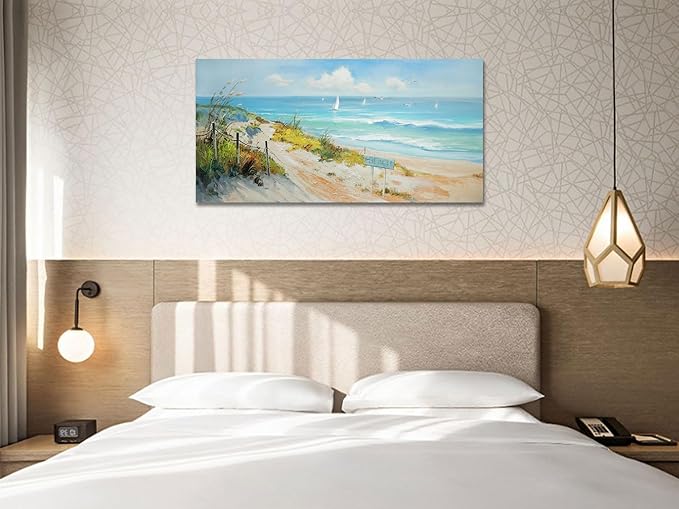 Arjun Ocean Wall Art Canvas Coastal Beach Painting Blue Landscape Picture Sailboat Textured Large Artwork Framed for Living Room Bedroom Bathroom Wall Decor, 40"x20"