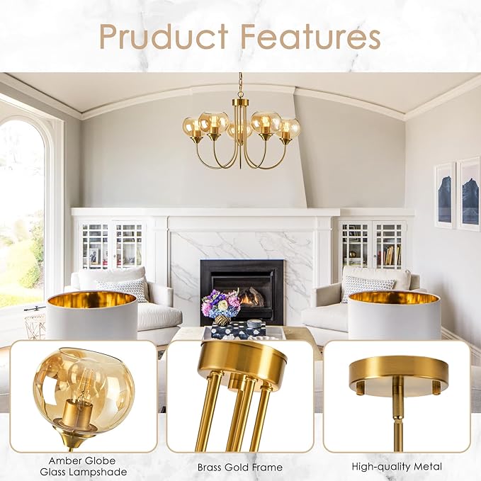 Mid Century Modern Globe Chandelier 5 Light Amber Glass Vintage Sputnik Chandeliers Gold Pendant Light Fixtures for Dining Room Kitchen Living Room Bedroom