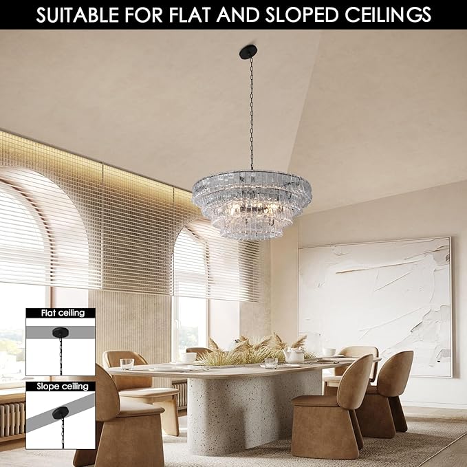 Clear Glass 36 inch Round Chandelier for Dining Room, Modern Drum Black Pendant Light Fixture with Crystal Glass Bubbles, Large Ceiling Light