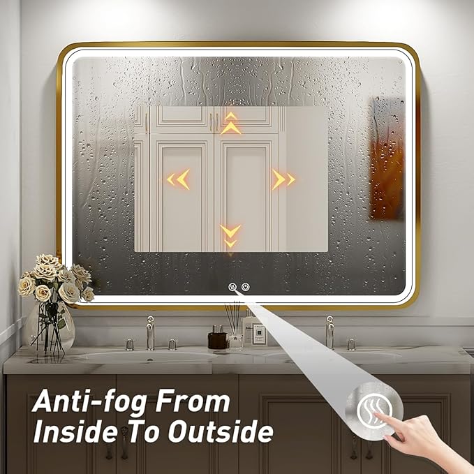 40x30 Inch LED Bathroom Mirror with Lights,Gold Metal Frame Lighted Vanity Mirror, Anti Fog Design&Dimmable&Touch Switch, Wall Mounted Rectangle Mirror (Horizontal&Vertical)