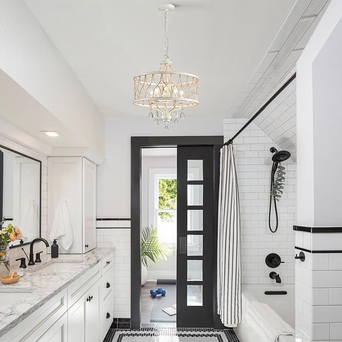 Modern Crystal Chandelier, 5-Light Farmhouse White Chandelier for Dining Room Vintage Hanging Pendant Light Fixtures Round Chandelier for Kitchen Island Entryway Foyer Bedroom Office Bar