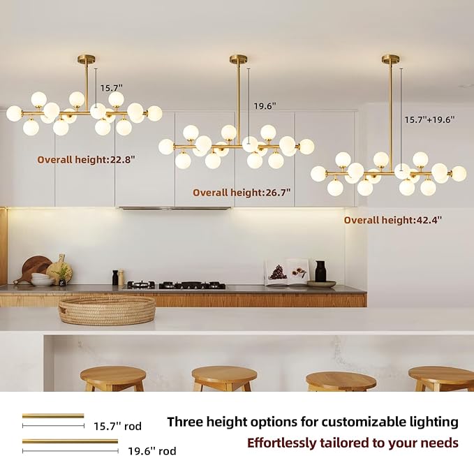 Mid Century Modern Sputnik Chandelier: 16-Light Globe Chandeliers over Table - White Glass Linear Chandelier Dining Room Light Fixture - Gold Brass Modern Chandeliers for Living Room Kitchen Island