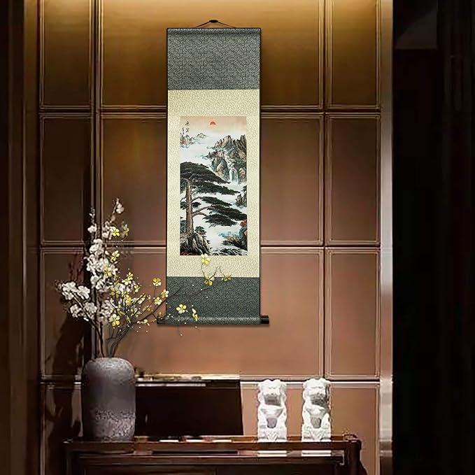 AtfArt Asian Wall Decor - Beautiful Silk Scroll Painting Pine Greeting Guests (Guest-Greeting Pine) Oriental Decor Chinese Art Wall Scroll (36.2 x 12 in)