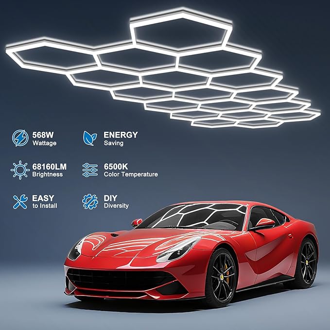 BRILLIHOOD Hexagon Garage Lights, LED Car Detailing Lighting, 568W, 68160LM, 6500K Super Bright, 18 Grid Systems Honeycomb Lights for Garage Warehouse Basement Gym
