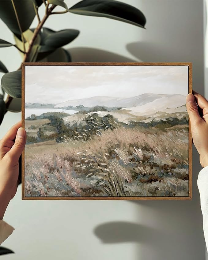 KISSFOX Vintage Landscape Canvas Wall Art Neutral Farmhouse Hills Lake Framed Wall Art Serene Countryside Paintings Artwork Rustic Art Prints For Bedroom Living Room