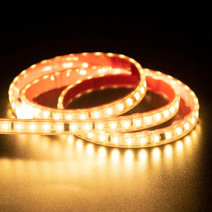 AC 110V LED Strip Lights 2 Meter Warm White 3000K SMD 2835 Cuttable LED Tape 6.56 Feet Adhesive LED Lights Tape IP67 Waterproof 120 Volt Direct 2M (Warm White, 6.56ft)
