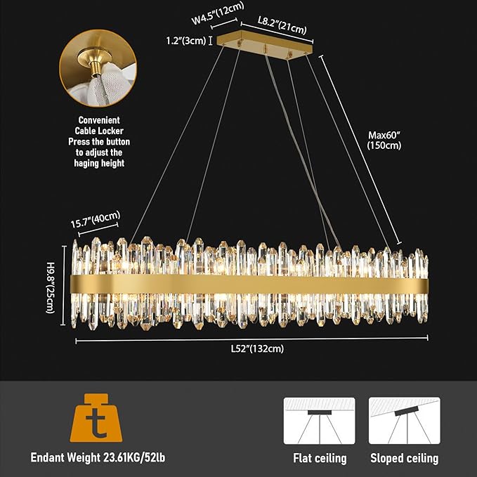 Modern Chandelier, 20-Lights 2 Tiers Gold Rectangular Chandeliers for Dining Room, 52'' Luxury K9 Raindrop Crystal Chandeliers, Adjustable Kitchen Island Chandelier for Living Room, Foyer Entryway