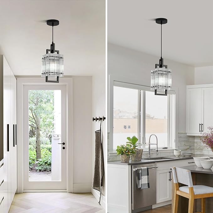 Modern Pendant Light Fixtures with Clear Glass Matte Black Pendant Lights Kitchen Island Adjustable Square Hanging Pendant Lighting for Dining Room Over Sink Hallway 1 Pack 12 inches