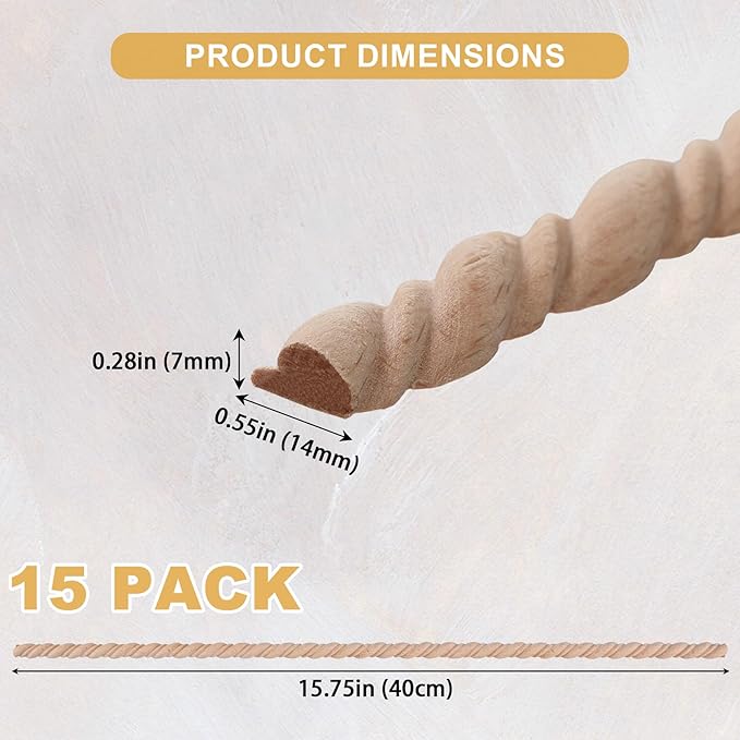 15-Pack 15.75" Unfinished Wood Spiral Wave Trim - Easy to Paint, Cute Decorative Molding DIY Craft for Furniture Frame, Mirror Edge, Wall, Door, Closet, Dresser, Shelf