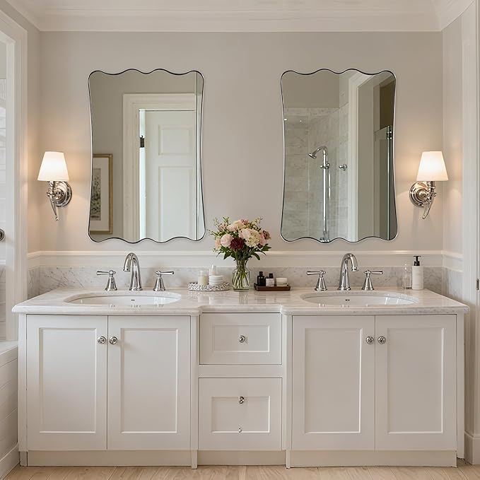 ANDY STAR Brushed Nickel Scalloped Rectangle Mirror, 24x36 Wavy Bathroom Mirror for Vanity, Asymmetrical Shaped for Entryway, Bedroom, Decor, Anti-Rust Stainless Steel Frame