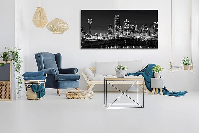 NAN Wind 1 Pcs Dallas Skyline Canvas Wall Art Black White Cityscape Night Scene Modern City Giclee Prints on Canvas Framed Urban Home Decor Skyscrapers Picture Painting for Room Decor