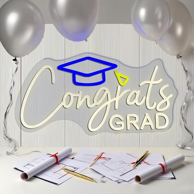 Congrats Grad Neon Sign with Graduation Cap, Warm White Grad Light Up Sign for Wall Decor, Adjustable Congrats Led Sign for Class of Party Room Dorm Backdrop Celebration Gifts