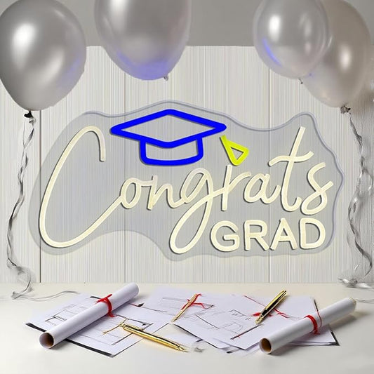 Congrats Grad Neon Sign with Graduation Cap, Warm White Grad Light Up Sign for Wall Decor, Adjustable Congrats Led Sign for Class of Party Room Dorm Backdrop Celebration Gifts