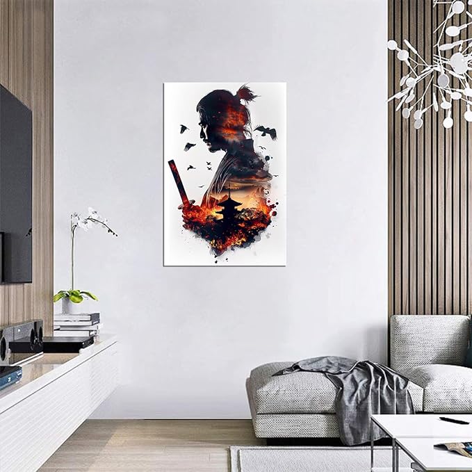 Japanese Samurai Canvas Wall Art Prints Armored Knights Wall Decor Canvas Painting Medieval Poster Framed for Living Room Bathroom Bedroom Office Home Decor Framed (12''W x 16''H)