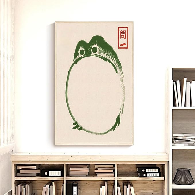 OZCONO Japanese Frog Art Print, Traditional Minimalist Green Ink Unframed Wall Art (30L x 20W)