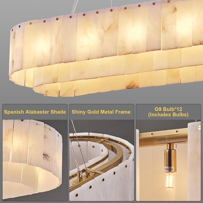 Alabaster Rectangular Chandelier for Dining Room, L39in Modern Chandeliers, Adjustable Marble Pendant Light Fixture, Rectangle Chandelier for Dining Table Living Room Kitchen Island (Bulbs INCL)