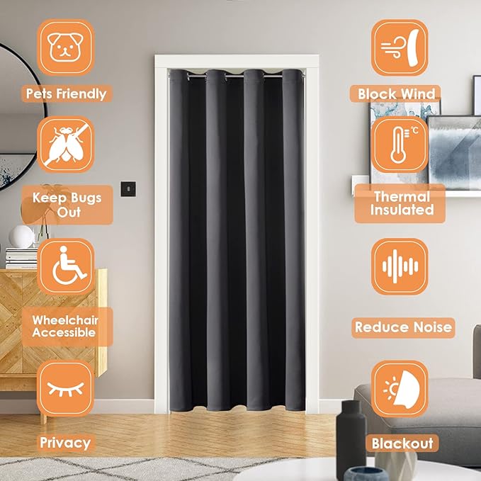 ChrisDowa Blackout Door Curtains for Doorway Privacy, Grommet Closet Curtains for Bedroom Closet Door, Thermal Insulated Temporary Doorway Cover Room Divider Drapes (1 Panel, Dark Grey, 52 x 80 Inch)