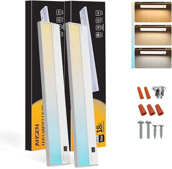 Ansen 2Packs of Under Cabinet Lighting Hardwired, 18in 15W 998LM Dimmable Led Light for Kitchen/Closet, CRI 92+, R9 90+, 3 Color Temperature, 3000K/4000K/5000K(Warm White, Cool White, Daylight)