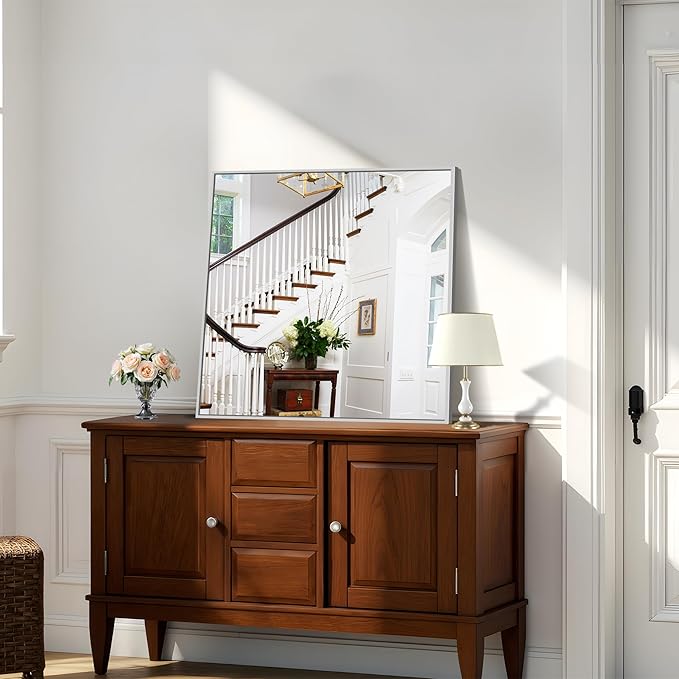 KOCUUY Silver Framed Mirror, 30"x30" Rectangle Bathroom Mirror for Wall, HD Tempered Glass, Anti-Rust Brushed Silver Frame, Modern Design for Bathroom, Bedroom, Living Room, Entryway