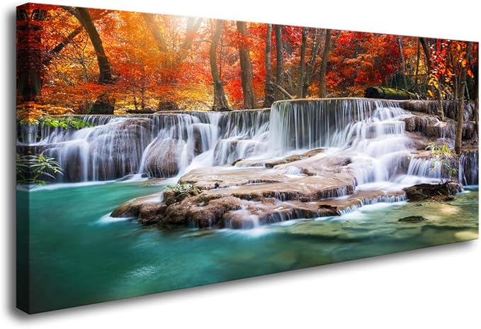 Aibonnly Wall Art Canvas Painting Red Forest Waterfalls 1 Piece Modern Landscape Tree Picture Poster Print Framed and Stretched Ready to Hang for Living Room Bedroom Kitchen Office Home Decor