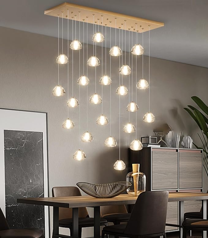24-Lights Modern Crystal Rectangular Chandelier LED Raindrop Ceiling Pendant Light Crystal Lighting Fixture for Living Room Hotel Staircase Hallway Foyer Entryway Bedroom Gold