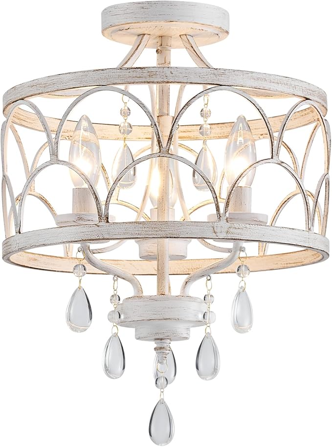 Crystal Ceiling Light Fixture, Modern Small Chandelier Light Fixture, Farmhouse White Semi Flush Mount Ceiling Light, Round Hallway Lighting Fixtures for Bedroom Entryway Dining Room Living Room