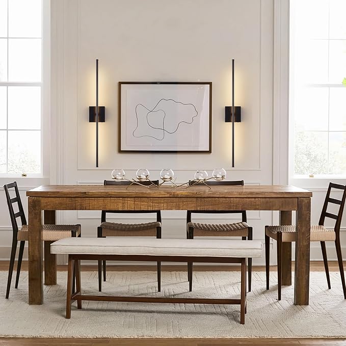 Battery Operated Wall Sconces with Remote Control, Dimmable Wall Sconces Set of Two, 350°Rotate, 3000K LED Black Wireless Wall Light for Living Room, Hallway, Bedroom, 40.1 Inch (2 Pack)