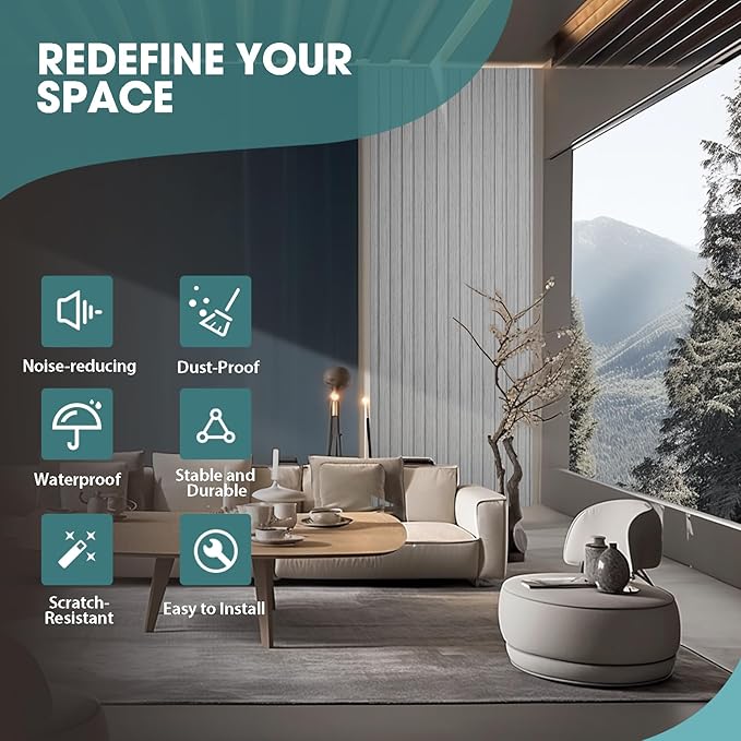 OUZUGIE WPC Acoustic Slat Wall Paneling, 8-Pack 114 x 6 Inches 3D Wall Panels for Interior Wall Decor,Living Room,TV Background,Study Room,Office Spaces,Bedroom,Low Grille (Grey)