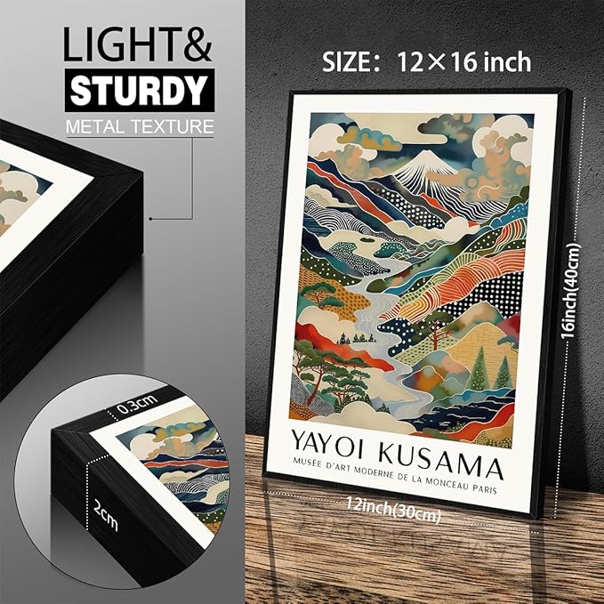 Japanese Canvas Wall Art Ya.yoi Kus.ama Mount Fuji Posters Asian Landscape Pictures Prints Modern Nature Mountain Artwork for Bathroom Living Room Bedroom Office Home Decor 12x16 inch Black Framed