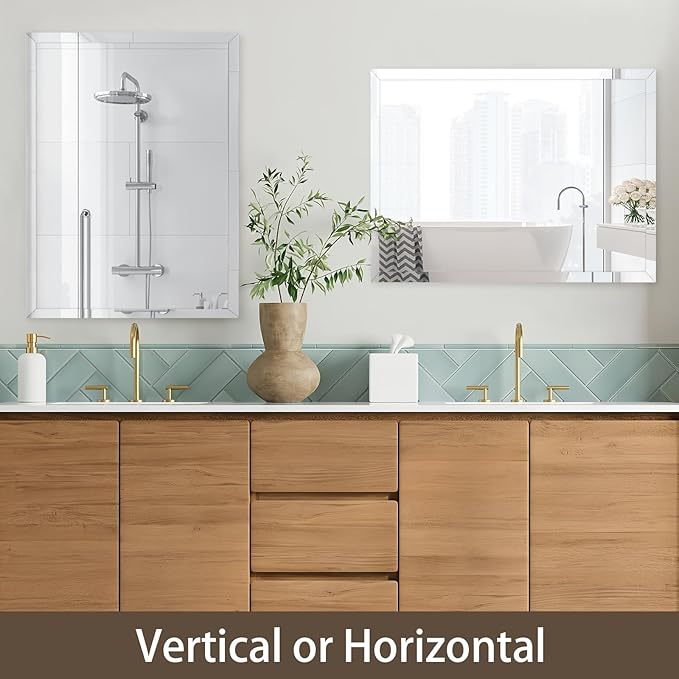 28x36 inch Beveled Bathroom Mirror, Rectangle Frameless Mirror, 1" Polished Beveled Edge Square Mirror for Bathroom, Living Room, Bedroom