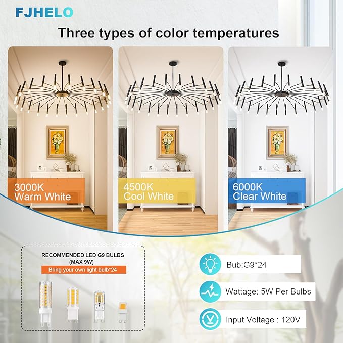 Modern Chandelier 24-Light with G9 Bulbs Included, 53 Inch Adjustable Height Ceiling Fixture - Customizable Drop for Dining Room, Entryway, Bedroom - Black Wrought Iron Matte Finish