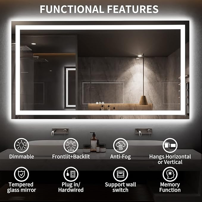LOAAO 72X40 LED Bathroom Mirror with Lights, Anti-Fog, Dimmable, Backlit + Front Lit, Lighted Bathroom Vanity Mirror for Wall, Memory Function, Tempered Glass, ETL Listed