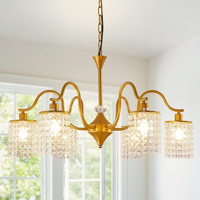 30" Gold Chandelier, 6-Light Dining Room Light Fixture, Modern Kitchen Island Light Fixtures, Farmhouse Foyer Lighting Fixtures, Hanging Crystal Chandeliers for Living Room, Bedroom, Foyer, Entryway
