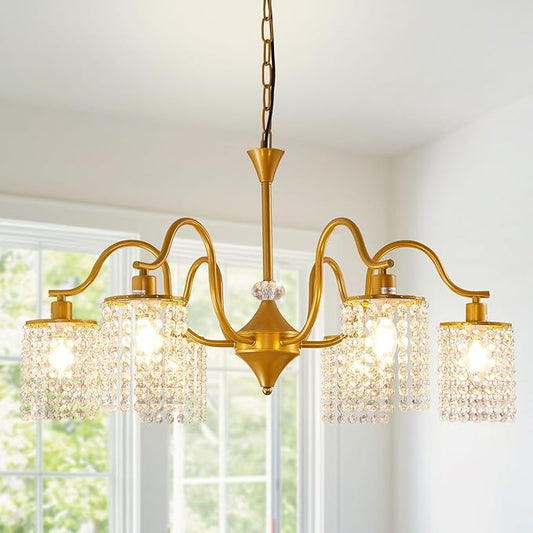 30" Gold Chandelier, 6-Light Dining Room Light Fixture, Modern Kitchen Island Light Fixtures, Farmhouse Foyer Lighting Fixtures, Hanging Crystal Chandeliers for Living Room, Bedroom, Foyer, Entryway