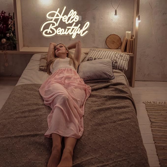 LooKLight Hello Beautiul Neon Sign,Warm White Neon Light Sign,Letters Wedding Neon Signs for Wall Decor,USB Powered Led Light Up Signs For Wedding Party Bedroom Birthday Beauty Salon