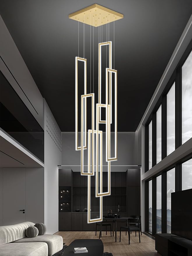 6-Rings Modern Chandelier,H138 Rectangle Chandeliers for Staircase,LED Dimmable High Ceiling Chandeliers Large Contemporary Chandelier for Villa Foyer Gold